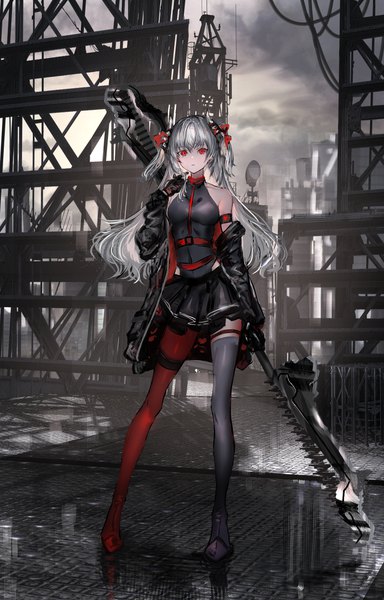 Anime picture 3200x5000 with original nanaponi single long hair tall image looking at viewer fringe highres breasts hair between eyes red eyes standing holding absurdres sky silver hair cloud (clouds) full body outdoors horn (horns)