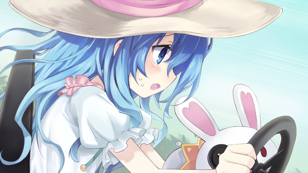 Anime picture 1280x720 with date a live yoshino (date a live) yoshinon long hair blush open mouth blue eyes wide image blue hair game cg loli girl dress hat toy stuffed animal hand puppet
