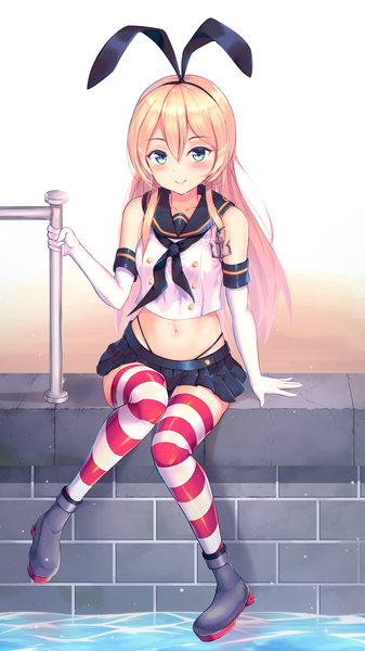 Anime picture 2886x5131 with kantai collection shimakaze destroyer hakushoku n single long hair tall image looking at viewer blush fringe highres breasts light erotic blonde hair smile hair between eyes sitting bare shoulders holding aqua eyes arm support