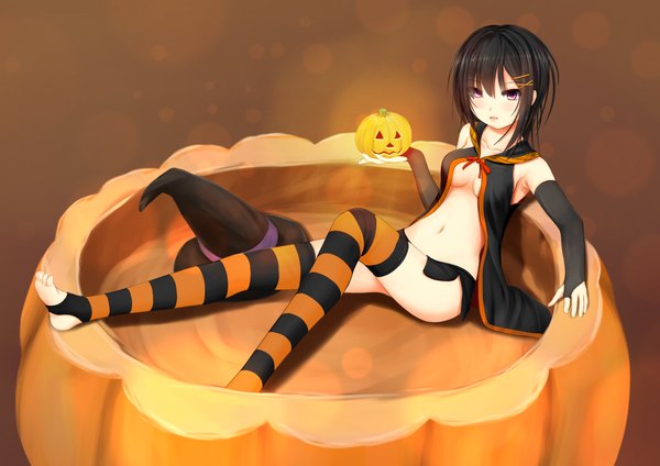 Anime picture 4093x2894 with original kurokami (kurokaminohito) single looking at viewer highres short hair open mouth light erotic black hair absurdres legs halloween brown background girl thighhighs skirt navel hat detached sleeves miniskirt