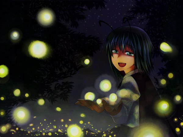 Anime picture 1400x1049 with touhou wriggle nightbug short hair green eyes green hair night nature antennae girl cape fireflies kamereon