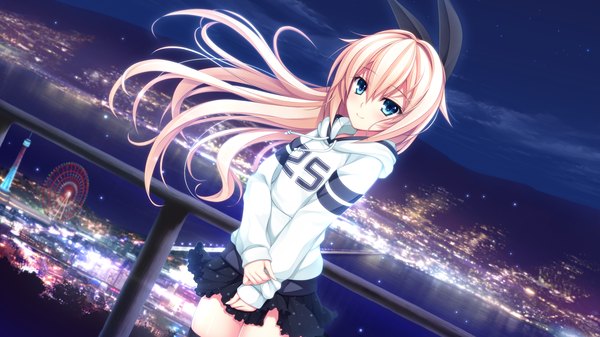 Anime picture 2194x1234 with pretty x cation 2 hibiki works kurashiki azusa single long hair looking at viewer blush highres blue eyes blonde hair wide image game cg night city lights girl skirt bow hair bow