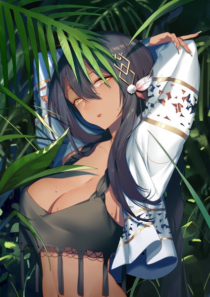 Anime picture 2894x4093 with azur lane south dakota (azur lane) iiiroha single long hair tall image looking at viewer fringe highres breasts light erotic black hair hair between eyes large breasts yellow eyes cleavage upper body parted lips head tilt fingernails