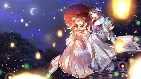 Anime picture 1920x1080 with tricolour lovestory yetworldview kaze long hair fringe highres black hair hair between eyes brown hair wide image sitting twintails multiple girls looking away sky bent knee (knees) eyes closed traditional clothes hair flower reflection chinese clothes