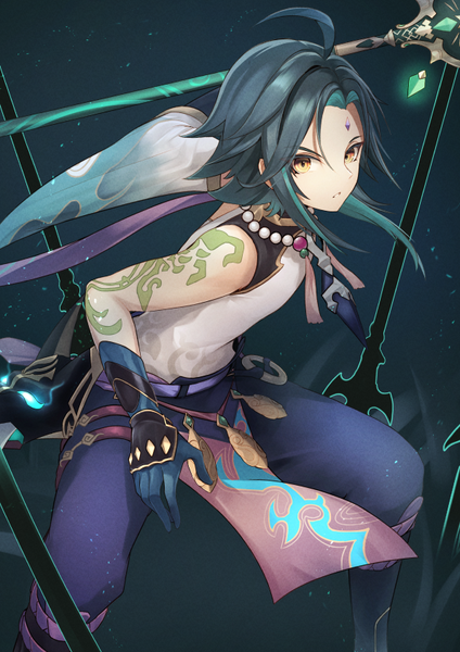 Anime picture 595x842 with genshin impact xiao (genshin impact) nokke o single tall image short hair black hair yellow eyes looking away ahoge multicolored hair tattoo colored inner hair forehead mark boy gloves weapon spear