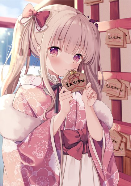 Anime picture 1200x1697 with original okiq single long hair tall image looking at viewer smile purple eyes twintails holding payot silver hair outdoors traditional clothes japanese clothes new year heart of string girl bow hair bow