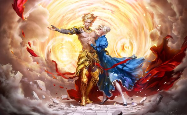 Anime picture 2700x1656 with fate (series) fate/stay night type-moon artoria pendragon (all) saber gilgamesh (fate) sintorisky looking at viewer highres short hair blue eyes blonde hair smile red eyes wide image standing looking away bent knee (knees) profile lips