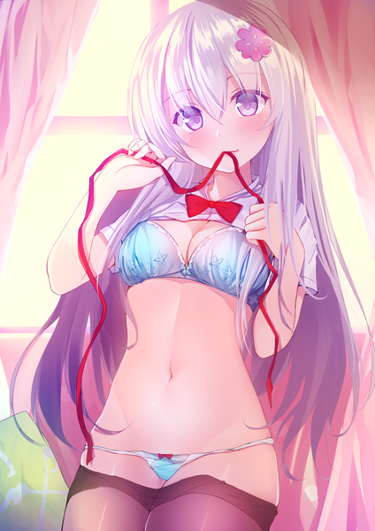 Anime picture 2894x4093 with original moe2021 rennkuu single long hair tall image blush fringe highres light erotic hair between eyes purple eyes holding silver hair indoors mouth hold pantyhose pull girl navel underwear