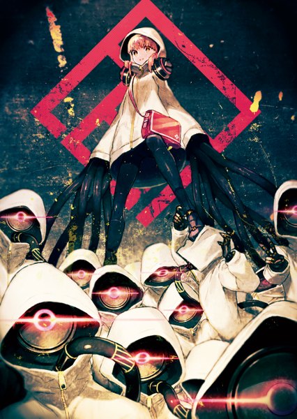 Anime picture 1860x2622 with original asgr long hair tall image looking at viewer highres smile red eyes brown eyes red hair girl headphones hood bag cloak wire (wires) robot speakers prosthesis
