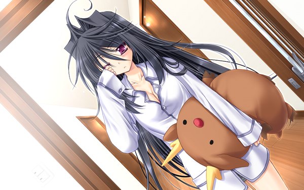 Anime picture 1024x640 with hatsukoi yohou (game) long hair black hair wide image game cg pink eyes girl shirt