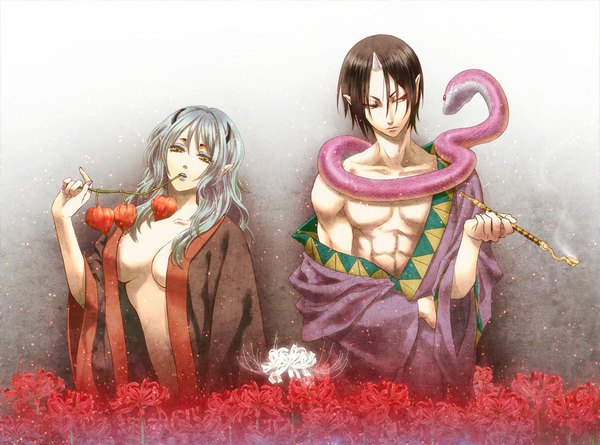 Anime picture 1163x863 with hoozuki no reitetsu wit studio hoozuki (hoozuki no reitetsu) okou (hoozuki no reitetsu) long hair short hair breasts light erotic black hair holding traditional clothes japanese clothes horn (horns) lips pointy ears off shoulder open clothes no bra mouth hold smoke