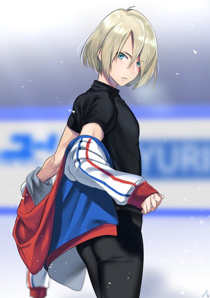 Anime picture 2480x3508 with yuri!!! on ice mappa yuri plisetsky hieung single tall image looking at viewer fringe highres short hair blonde hair hair between eyes looking back aqua eyes dated undressing boy sports jacket
