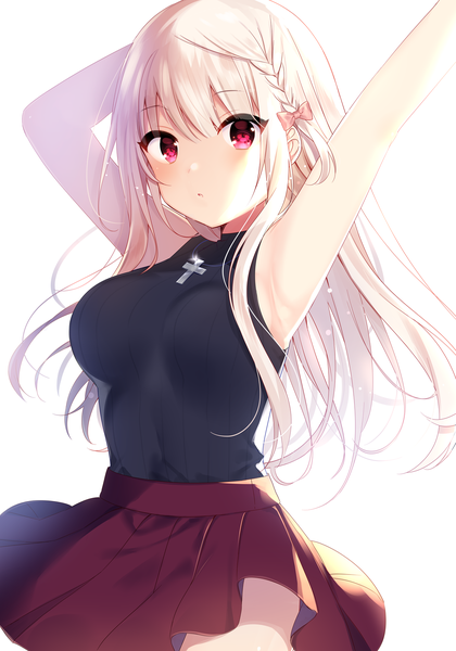 Anime picture 1274x1821 with original mafuyu (chibi21) single long hair tall image looking at viewer blush fringe breasts simple background hair between eyes red eyes standing white background silver hair braid (braids) pleated skirt arms up armpit (armpits) sleeveless