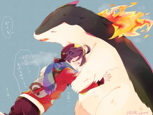 Anime picture 1560x1170 with pokemon pokemon heartgold and soulsilver nintendo gold (pokemon) typhlosion nicole (usako) blush short hair open mouth simple background signed purple hair ahoge eyes closed hug blue background > < gen 2 pokemon boy animal