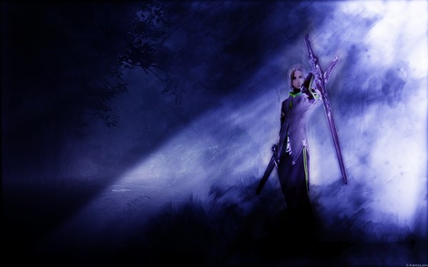 Anime picture 1440x900 with war of genesis 3 kim hyung tae single short hair wide image white hair light gloom boy weapon plant (plants) sword tree (trees)