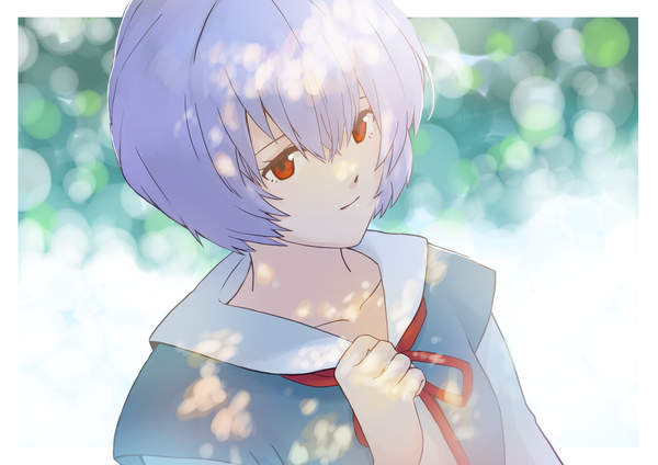 Anime picture 1754x1240 with neon genesis evangelion gainax ayanami rei hase single looking at viewer fringe highres short hair hair between eyes red eyes blue hair outdoors light smile sunlight girl