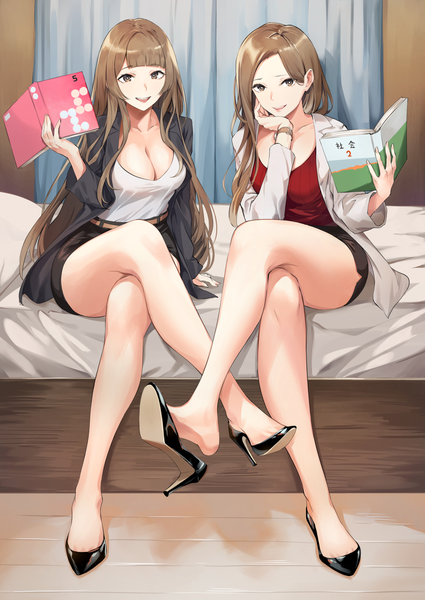 Anime picture 1360x1920 with original nr noir long hair tall image looking at viewer blush fringe breasts open mouth light erotic smile brown hair large breasts sitting multiple girls holding brown eyes payot cleavage indoors