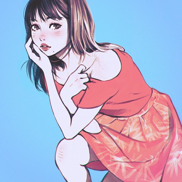 Anime picture 900x900 with original ilya kuvshinov single long hair blush fringe simple background brown hair standing bare shoulders brown eyes bent knee (knees) parted lips lips mole leaning leaning forward lipstick adjusting hair blue background