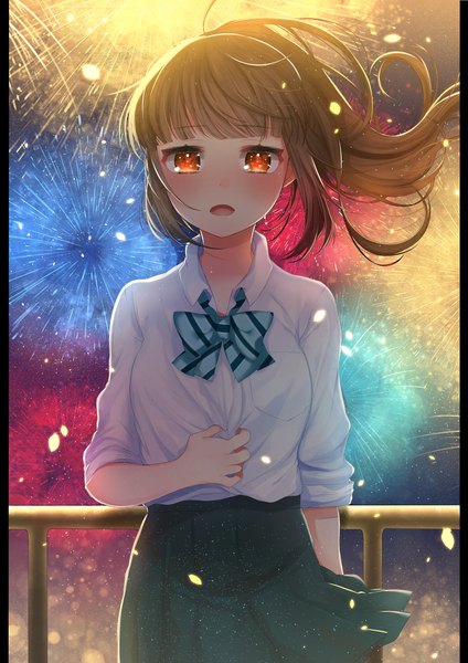 Anime picture 1654x2339 with original akirannu single long hair tall image looking at viewer blush fringe breasts open mouth brown hair standing brown eyes payot outdoors ponytail blunt bangs pleated skirt wind night
