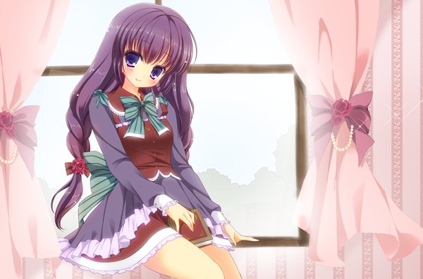 Anime picture 1000x661 with original rinka (yuyutei) long hair looking at viewer blush blue eyes smile purple hair braid (braids) girl dress flower (flowers) bow bowtie book (books) curtains