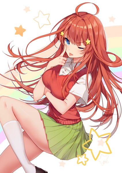 Anime picture 1000x1415 with go-toubun no hanayome nakano itsuki bison cangshu single long hair tall image looking at viewer blush fringe breasts blue eyes light erotic simple background hair between eyes white background ahoge bent knee (knees) red hair pleated skirt one eye closed