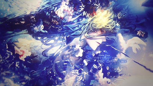 Anime picture 1920x1080 with original yilee xxajisaixx single long hair highres wide image cloud (clouds) upper body parted lips profile green hair wallpaper text looking down reflection english boy animal wings