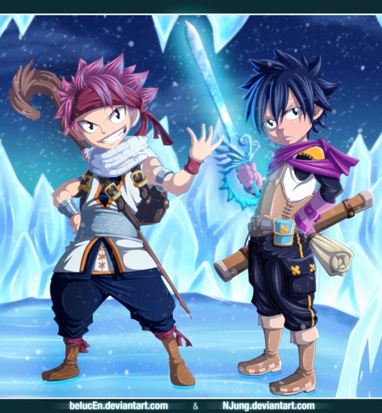 Anime picture 1300x1403 with fairy tail natsu dragneel gray fullbuster natilokijung belucen tall image short hair black hair smile standing pink hair full body black eyes sleeveless grin coloring snowing letterboxed winter snow