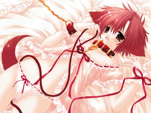 Anime picture 1024x768 with pure pure hinata blush light erotic red eyes red hair girl underwear panties ribbon (ribbons) lingerie white panties chain wrist cuffs collar