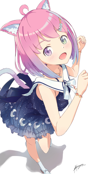 Anime picture 2057x4093 with virtual youtuber hololive himemori luna himemori luna (3rd costume) akichazuke single tall image looking at viewer highres short hair open mouth simple background smile standing white background green eyes signed animal ears pink hair ahoge