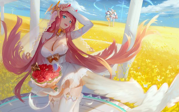 Anime picture 3500x2188 with darling in the franxx studio trigger zero two (darling in the franxx) strelizia cubies (tiger 205) single looking at viewer blush fringe highres breasts open mouth light erotic large breasts standing holding pink hair absurdres sky cleavage