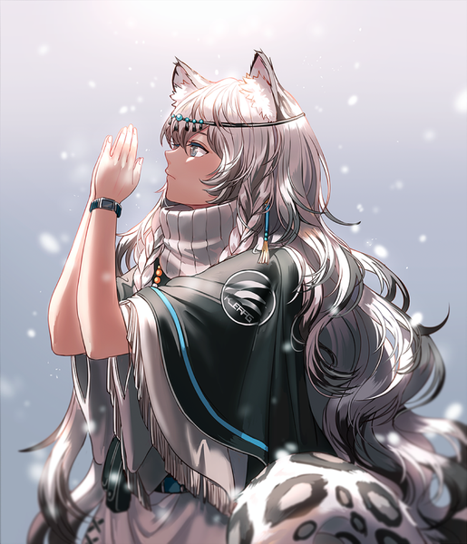 Anime picture 700x816 with arknights pramanix (arknights) silence girl single long hair tall image fringe hair between eyes animal ears payot looking away silver hair upper body tail braid (braids) animal tail profile multicolored hair blurry grey background