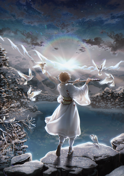 Anime picture 1420x2005 with original e7 (runaway162) single tall image short hair brown hair sky cloud (clouds) full body outdoors traditional clothes from behind sunlight wide sleeves piercing lens flare ear piercing winter snow mountain