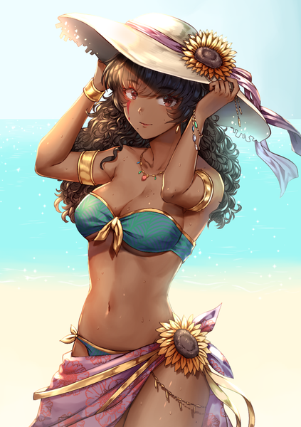 Anime-Bild 705x1000 mit original wani (fadgrith) single long hair tall image looking at viewer fringe breasts light erotic brown hair large breasts standing bare shoulders brown eyes cleavage arm up light smile wet underboob dark skin