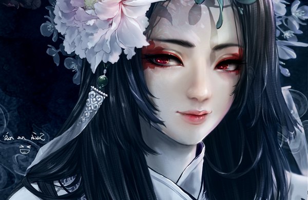 Anime-Bild 1024x664 mit original sansaxix (artist) single long hair black hair red eyes looking away hair flower face girl hair ornament flower (flowers)