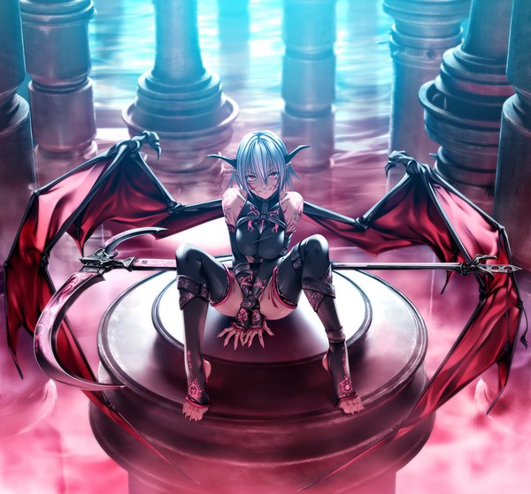 Anime picture 1000x933 with original rezi single short hair light erotic red eyes sitting white hair horn (horns) tattoo demon girl girl thighhighs weapon black thighhighs detached sleeves wings scythe