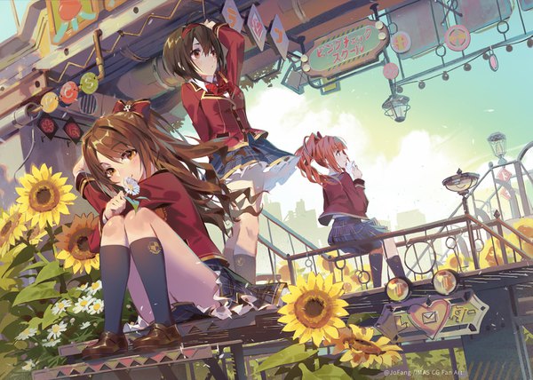 Anime-Bild 1433x1024 mit idolmaster idolmaster cinderella girls idolmaster cinderella girls starlight stage shimamura uzuki kohinata miho igarashi kyouko jofang long hair fringe short hair brown hair standing sitting multiple girls brown eyes sky full body outdoors ponytail red hair