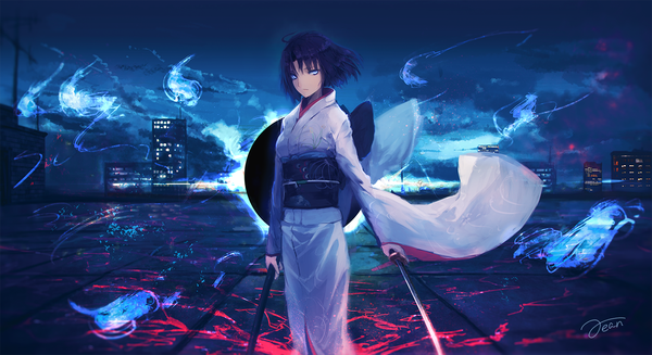 Anime picture 1400x764 with kara no kyoukai type-moon ryougi shiki rean (r ean) single looking at viewer short hair blue eyes black hair wide image standing holding signed cloud (clouds) ahoge traditional clothes japanese clothes wind night wide sleeves