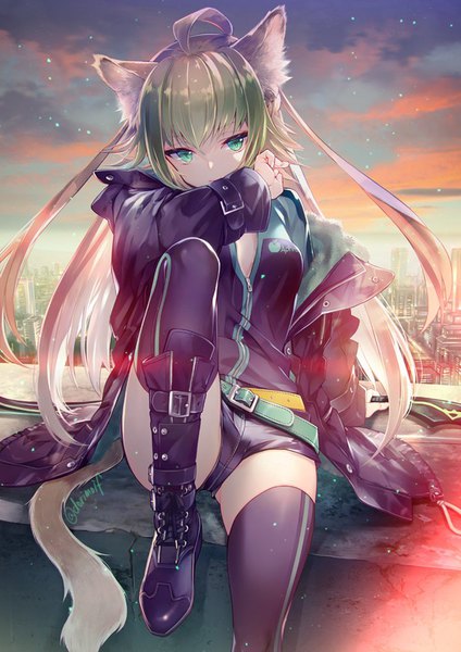 Anime picture 707x1000 with fate (series) fate/grand order fate/apocrypha atalanta (fate) miyuki ruria single long hair tall image looking at viewer fringe breasts light erotic blonde hair hair between eyes green eyes signed animal ears payot sky cloud (clouds)