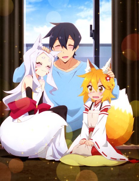 Anime picture 3150x4088 with sewayaki kitsune no senko-san doga kobo senko (sewayaki kitsune no senko-san) shiro (sewayaki kitsune no senko-san) nakano (sewayaki kitsune no senko-san) long hair tall image blush fringe highres short hair open mouth black hair blonde hair hair between eyes sitting bare shoulders multiple girls animal ears yellow eyes