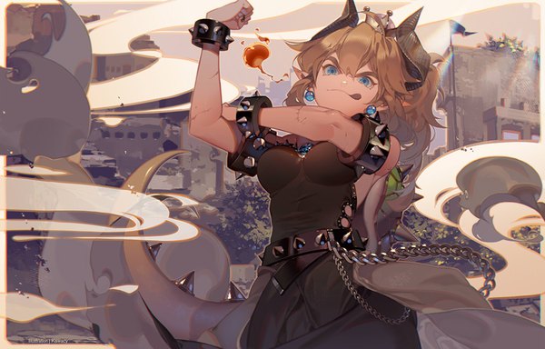 Anime picture 1024x657 with super mario bros. new super mario bros. u deluxe bowsette kawacy single long hair looking at viewer blush fringe breasts blue eyes blonde hair hair between eyes standing signed sky outdoors tail nail polish animal tail