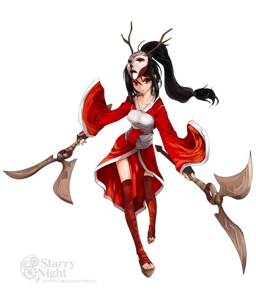 Anime picture 1600x1852 with league of legends akali (league of legends) single long hair tall image looking at viewer black hair simple background red eyes white background ponytail horn (horns) mask on head girl weapon mask suit