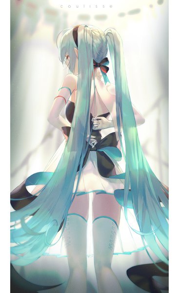 Anime picture 734x1200 with vocaloid miku symphony (vocaloid) hatsune miku seol single tall image fringe hair between eyes standing twintails bare shoulders payot eyes closed very long hair pleated skirt from behind aqua hair inscription zettai ryouiki hands behind back