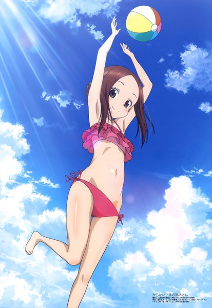 Anime picture 4078x5919 with karakai jouzu no takagi-san megami magazine takagi-san mogi takuji single long hair tall image looking at viewer highres smile brown hair absurdres sky cloud (clouds) black eyes sunlight scan arms up official art hair bun (hair buns)