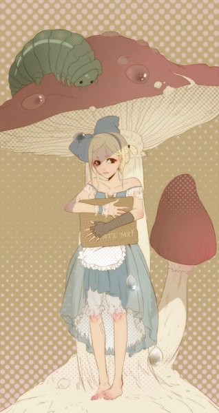 Anime picture 544x1024 with alice in wonderland alice (wonderland) caterpillar (wonderland) angela vianello long hair tall image blonde hair bare shoulders holding brown eyes looking away barefoot hair bun (hair buns) polka dot polka dot background girl dress gloves bow hair bow