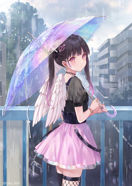 Anime picture 681x964 with original fukahire (ruinon) single long hair tall image blush fringe black hair standing twintails holding signed payot outdoors blunt bangs nail polish pink eyes multicolored hair fingernails mole