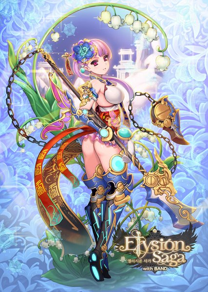 Anime picture 768x1080 with elysion saga (card game) ecell (artist) single long hair tall image looking at viewer blush breasts light erotic red eyes pink hair ass hair flower girl dress hair ornament flower (flowers) weapon