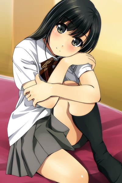 Anime picture 800x1200 with original matsunaga kouyou single long hair tall image looking at viewer blush black hair pleated skirt black eyes girl skirt uniform school uniform miniskirt shirt socks white shirt bowtie black socks