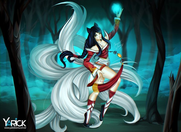 Anime picture 1600x1165 with league of legends ahri (league of legends) yarickart single long hair looking at viewer fringe breasts large breasts signed animal ears yellow eyes blue hair cleavage bent knee (knees) tail braid (braids) animal tail profile night