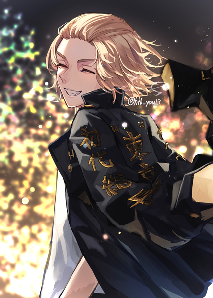 Anime picture 1463x2048 with tokyo revengers sano manjirou htk you13 single tall image short hair blonde hair smile signed upper body outdoors eyes closed twitter username grin ^ ^ clothes on shoulders boy
