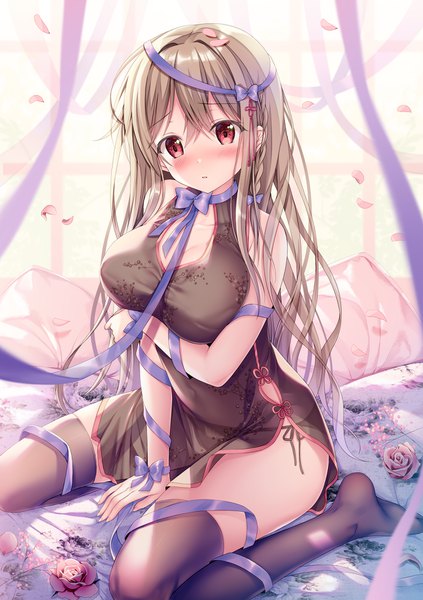 Anime picture 1238x1754 with original maeda shiori sousouman single long hair tall image looking at viewer blush fringe breasts open mouth light erotic hair between eyes red eyes brown hair large breasts sitting bare shoulders braid (braids) traditional clothes